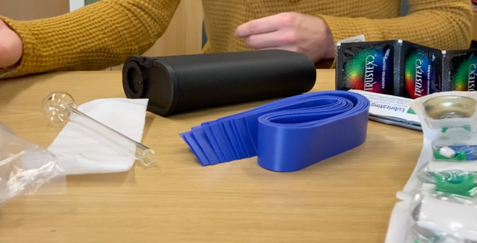 Image of harm reduction products on a desk surface