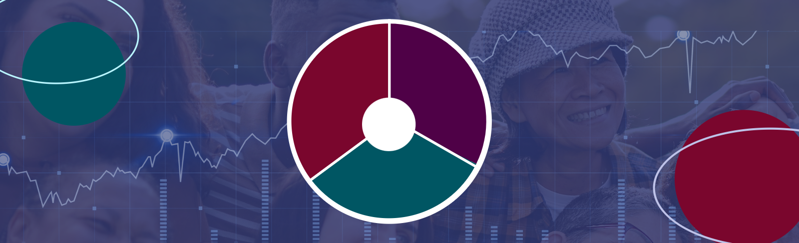Graphic of a circle split into thirds, with a smaller circle in the centre. In the background, faint images of a smiling group of people and computer-generated data lines. More circlular shapes at the forefront, left and right.