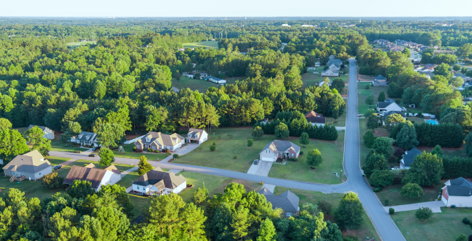 Aerial view of a neighborhood with many healthy trees