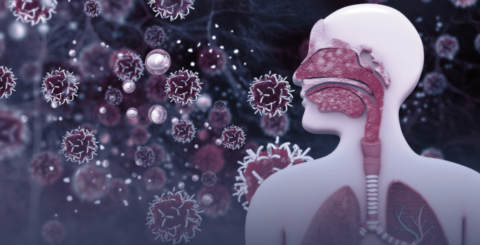 This image shows parts inside the body and several virus molecules outside the body, illustrating a respiatory virus