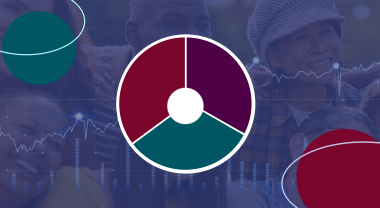 Image of a circle divided into thirds, with a smaller circle in the centre. In the background, more circles, plus a group of smiling people and computer-generated data lines in faded view.