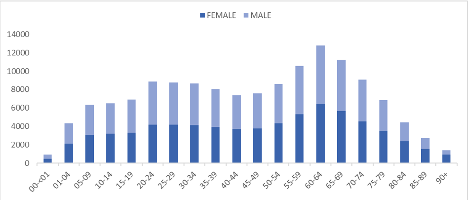 Bar graph showing the male and female population estimates for each 5 year age group
