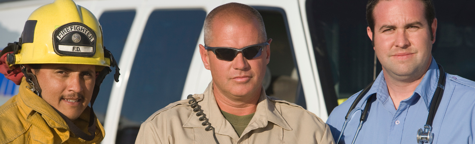 Image of a firefighter, sheriff and medical responder