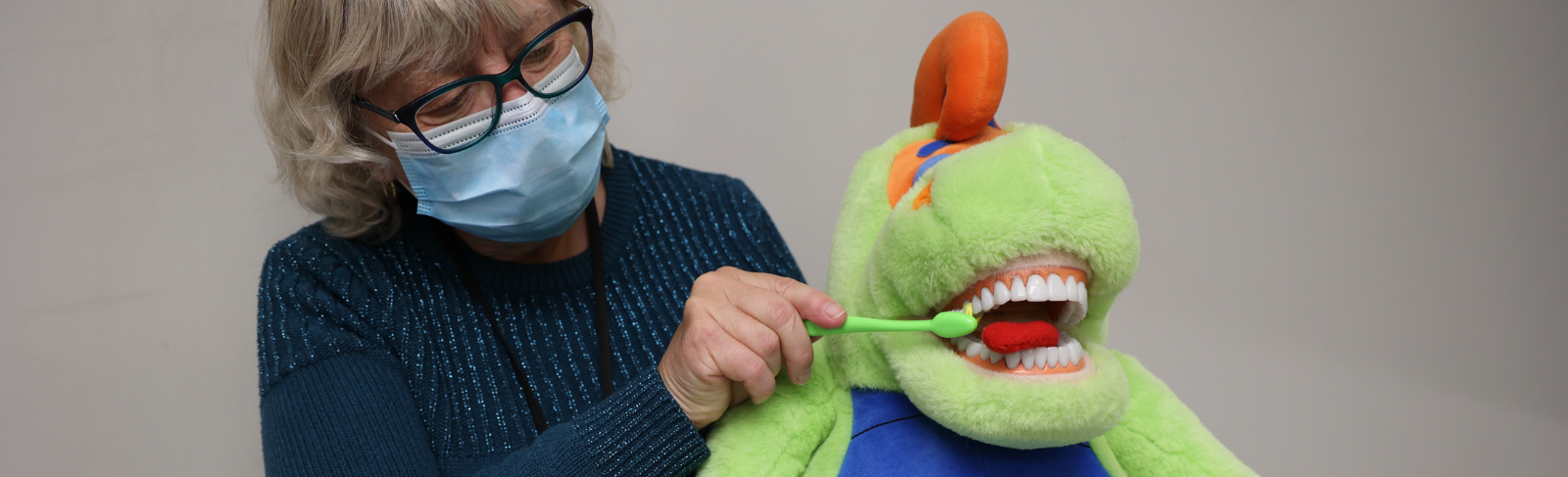 Image of someone pretending to brush a set of teeth on a stuffed animal