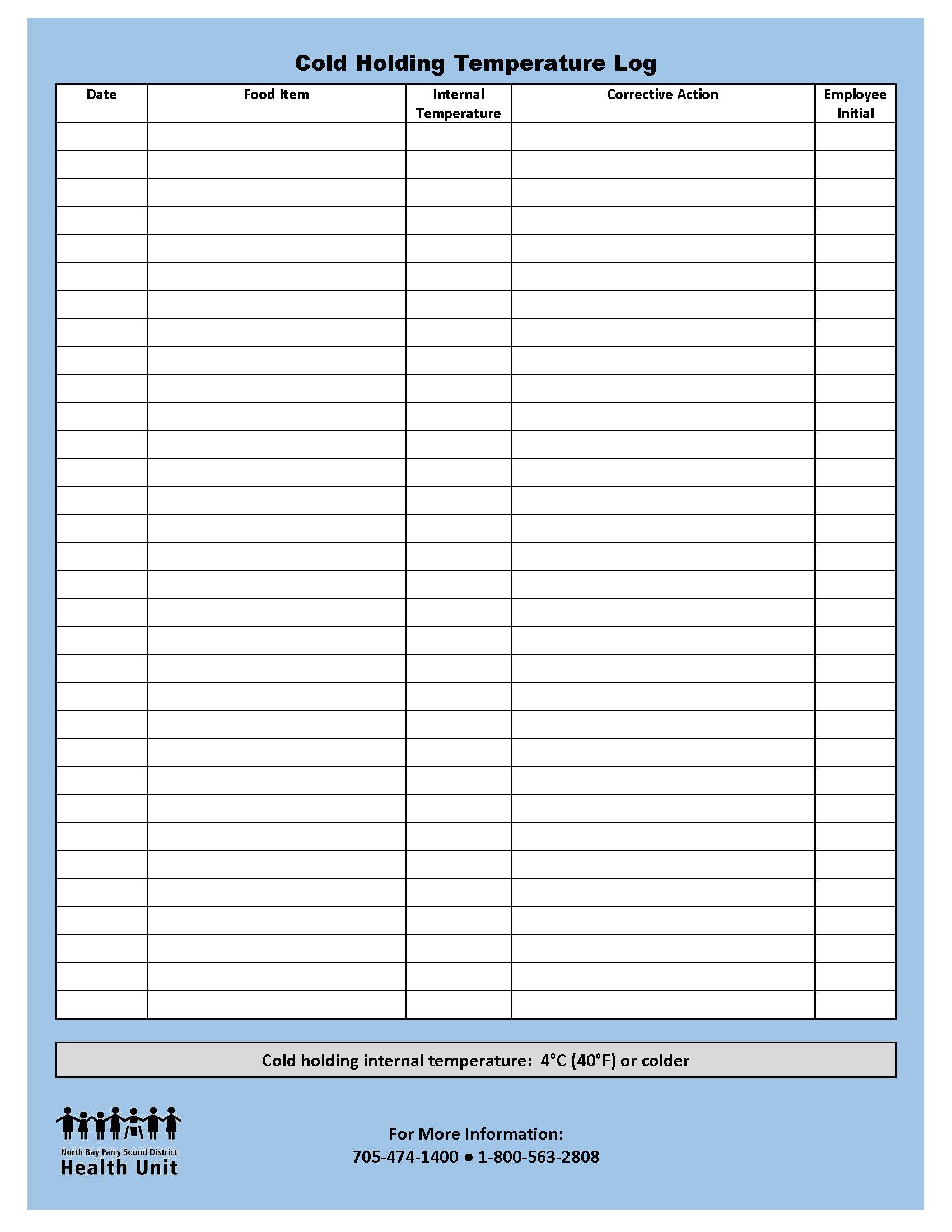 Cold holding temperature log