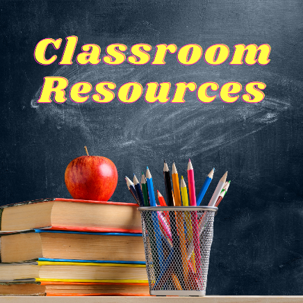 Picture of blackboard with books, an apple and crayons that says “Classroom Resources”