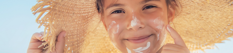 Image of a child wearing a wide-brimmed straw hat; streaks of sunscreen on face.