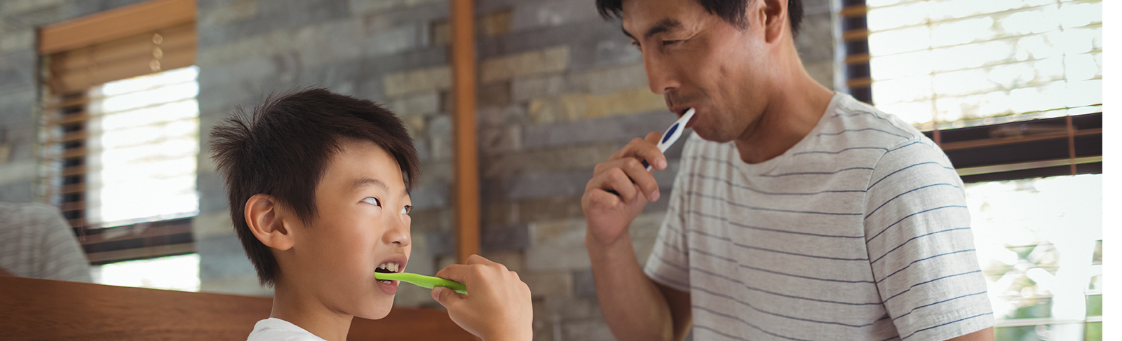 Son and father brushing their teeth.