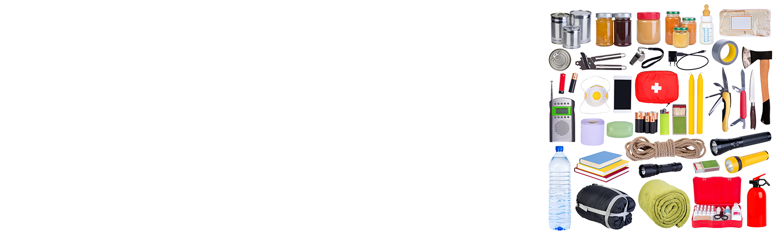 Emergency kit on the right side with items like battery operated radio, flash light etc.