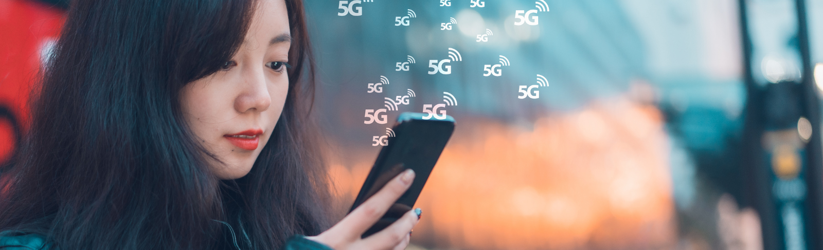 Female-presenting individual on cell phone with 5G Wi-Fi symbols floating around phone