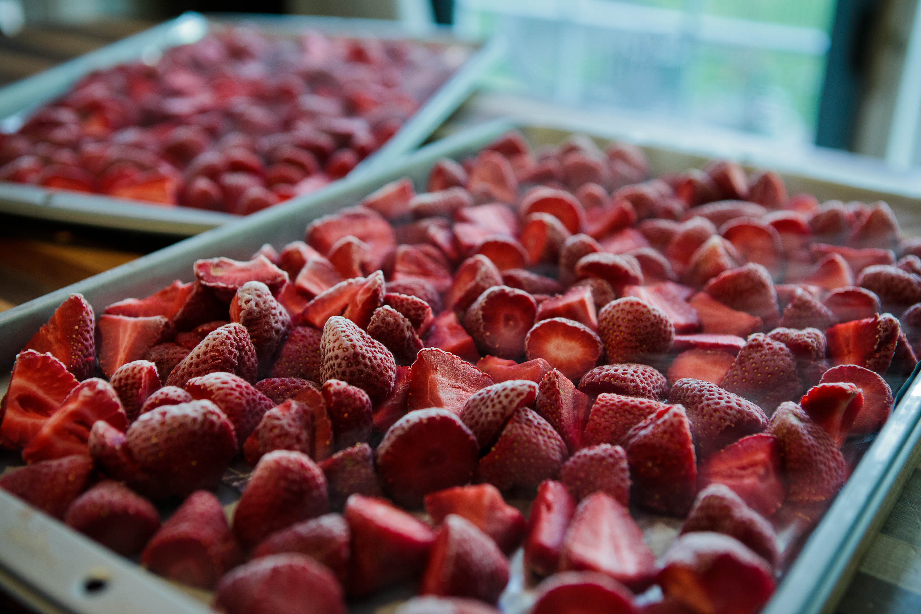 Frozen strawberries on a tray