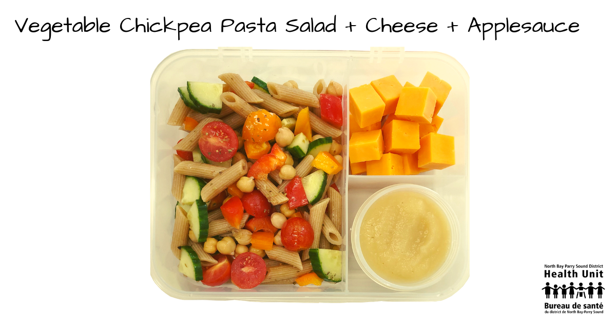 Vegetable chickpea pasta salad cheese applesauce