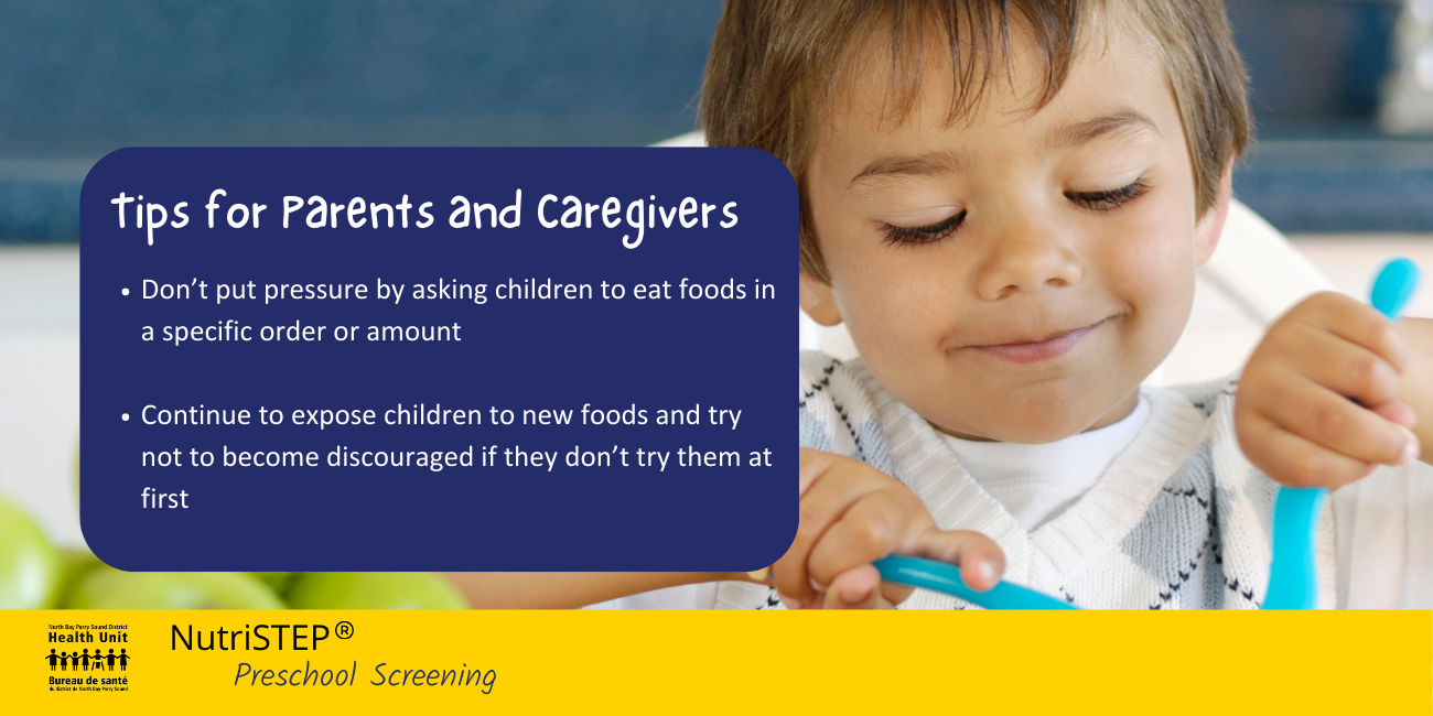 Image of child eating with fork and knife, next to a bowl of granny smith apples. Text: Tips for parents and caregivers: Don’t put pressure by asking children to eat foods in a specific order or amount; continue to expose children to new foods and try not to become discouraged if they don’t try them at first