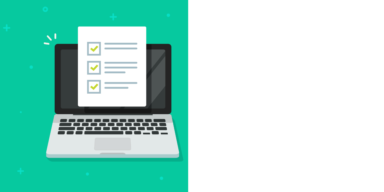 Green background with a digital illustration of a laptop with a piece of paper in front showing three check boxes