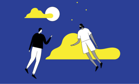 Blue background with simple illustration of two people, the clouds, and moon