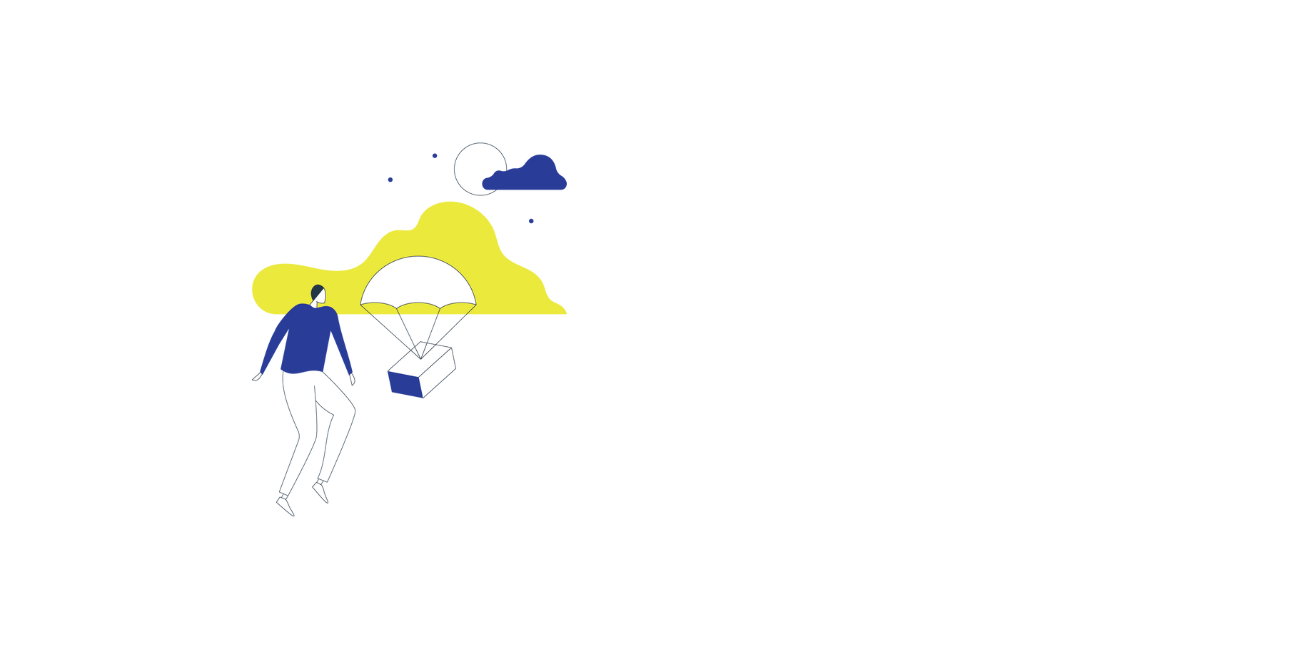 Creative graphic of a person, a box with a parachute, clouds, moon and stars.