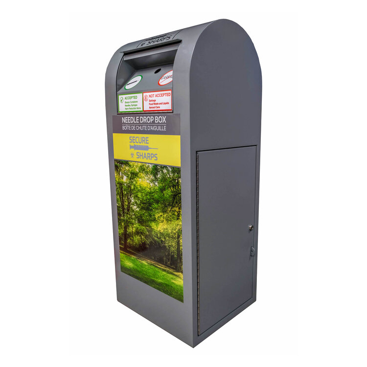 Side view of a community sharps bin