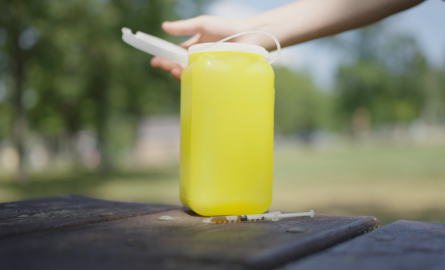 Biohazard container and needle on a picnic table. Human hand.