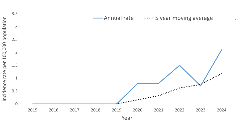A line graph showing the crude rate and five year moving average of Carbapenemase-producing Enterobacteriaceae (CPE) by year within the Health Unit region between 2015 and 2024.