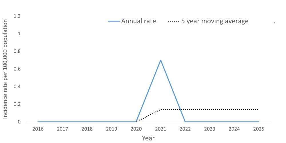 Incidence rate per 100,000 of group B streptococcus disease, neonatal by year A line graph showing the crude rate and five year moving average of group B streptococcus disease by year within the Health Unit region between 2016 and 2025.