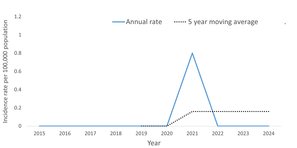 A line graph showing the crude rate and five year moving average of Group B Streptococcal Disease, Neonatal by year within the Health Unit region between 2015 and 2024.