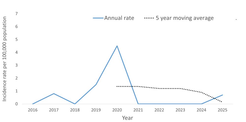 A line graph showing the crude rate and five year moving average of Hepatitis A by year within the Health Unit region between 2016 and 2025.