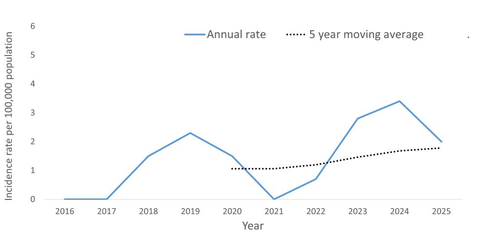 A line graph showing the crude rate and five year moving average of Hepatitis B, chronic by year within the Health Unit region between 2016 and 2025.