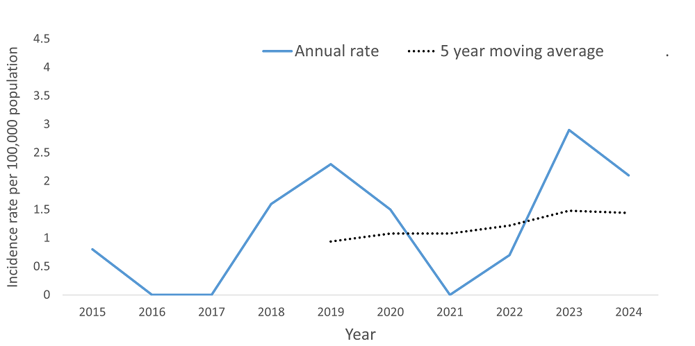 A line graph showing the crude rate and five year moving average of Hepatitis B, chronic by year within the Health Unit region between 2015 and 2024.