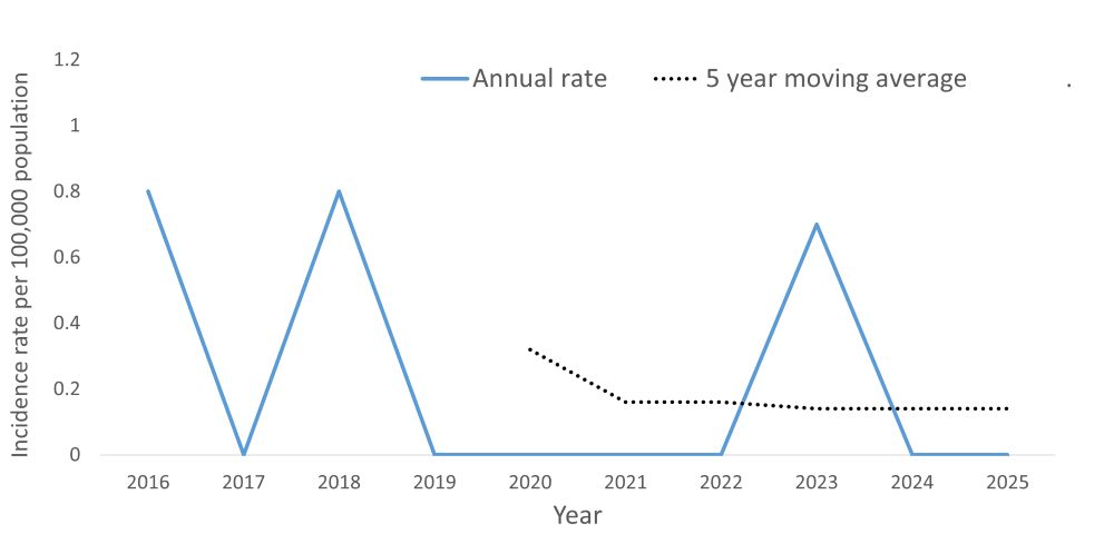 A line graph showing the crude rate and five year moving average of Hepatitis B, acute by year within the Health Unit region between 2016 and 2025.