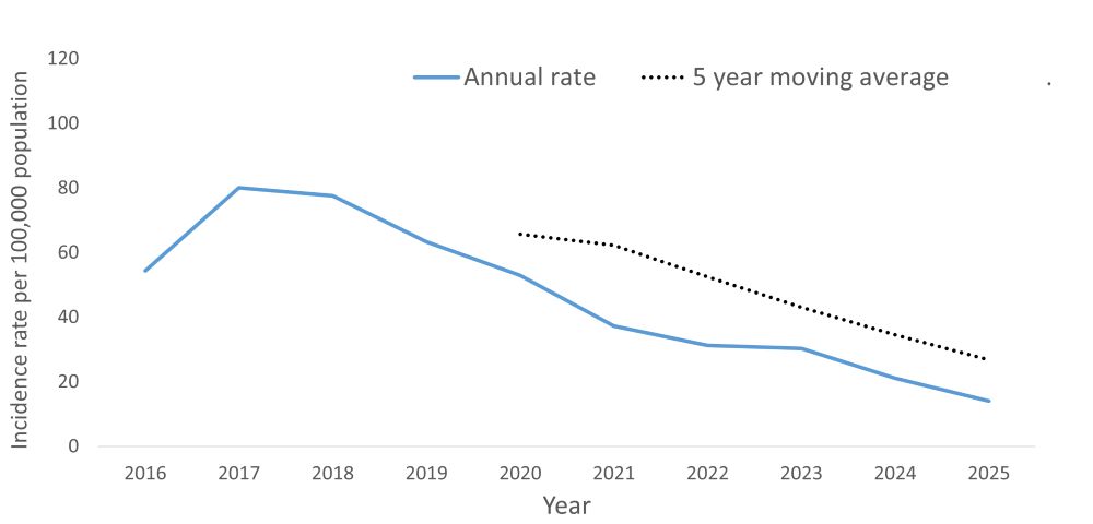 A line graph showing the crude rate and five year moving average of Hepatitis C by year within the Health Unit region between 2016 and 2025.