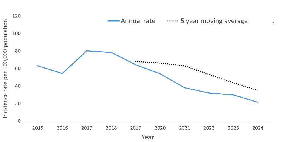 A line graph showing the crude rate and five year moving average of Hepatitis C by year within the Health Unit region between 2015 and 2024.