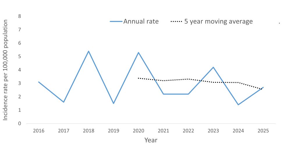 A line graph showing the crude rate and five year moving average of Meningitis by year within the Health Unit region between 2016 and 2025.