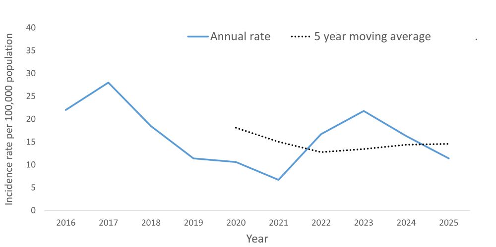 A line graph showing the crude rate and five year moving average of salmonellosis by year within the Health Unit region between 2016 and 2025.