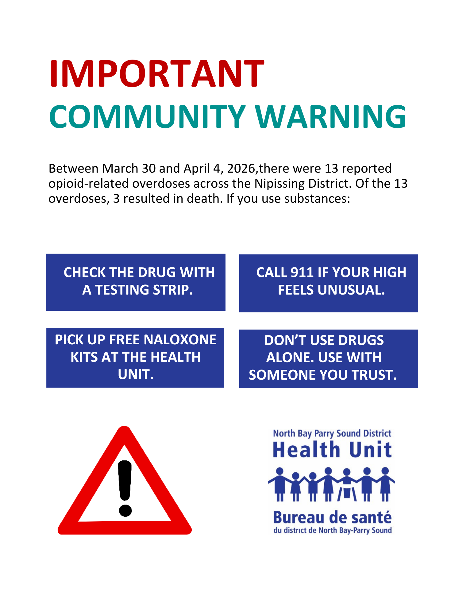 Image with details about overdose rates from March 30 and April 4, plus four safety measures to take if you use substances