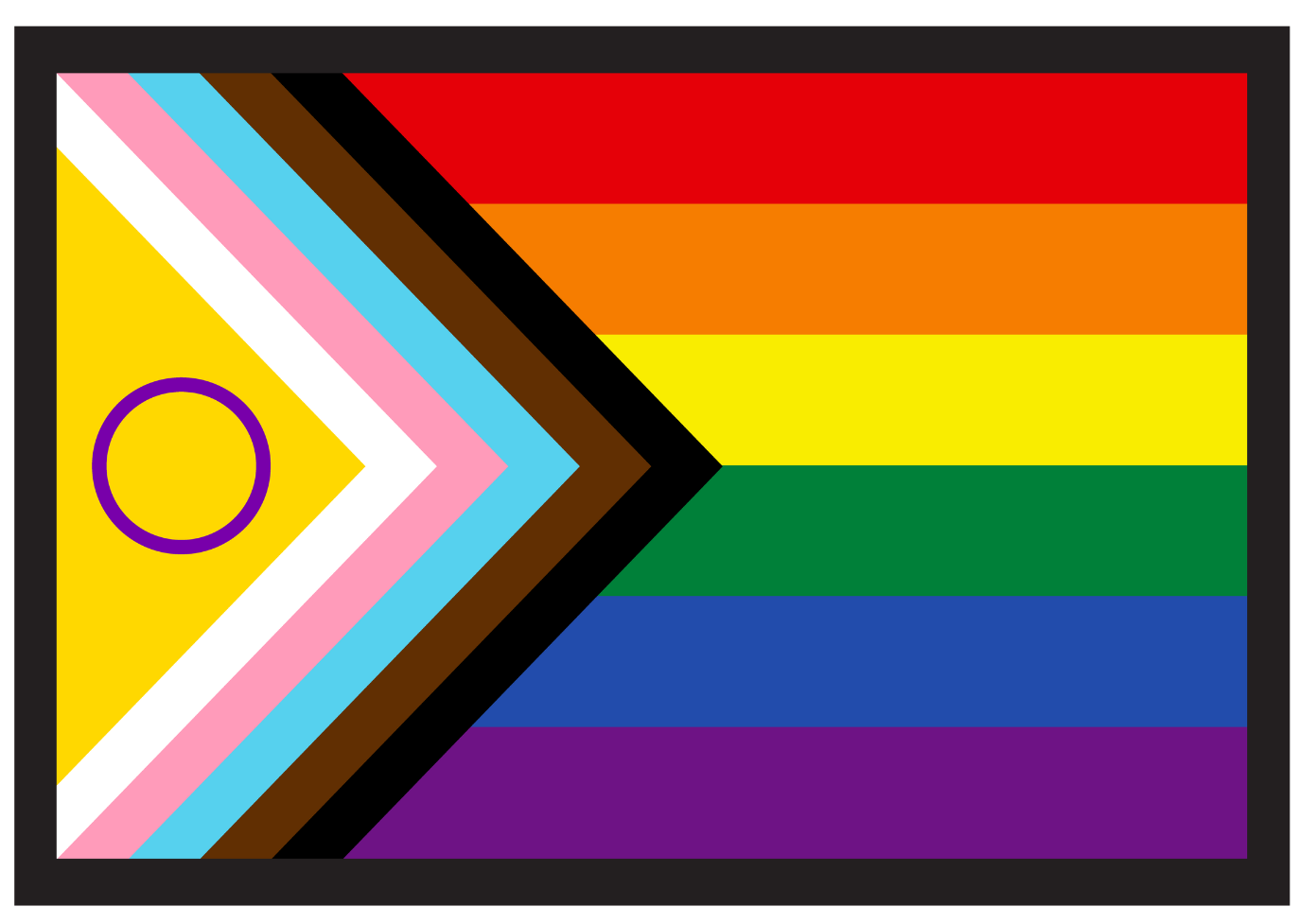 Pride flag design: different coloured horizontal stripes. On the right, overlapping triangles provide a backdrop for a circle outline.