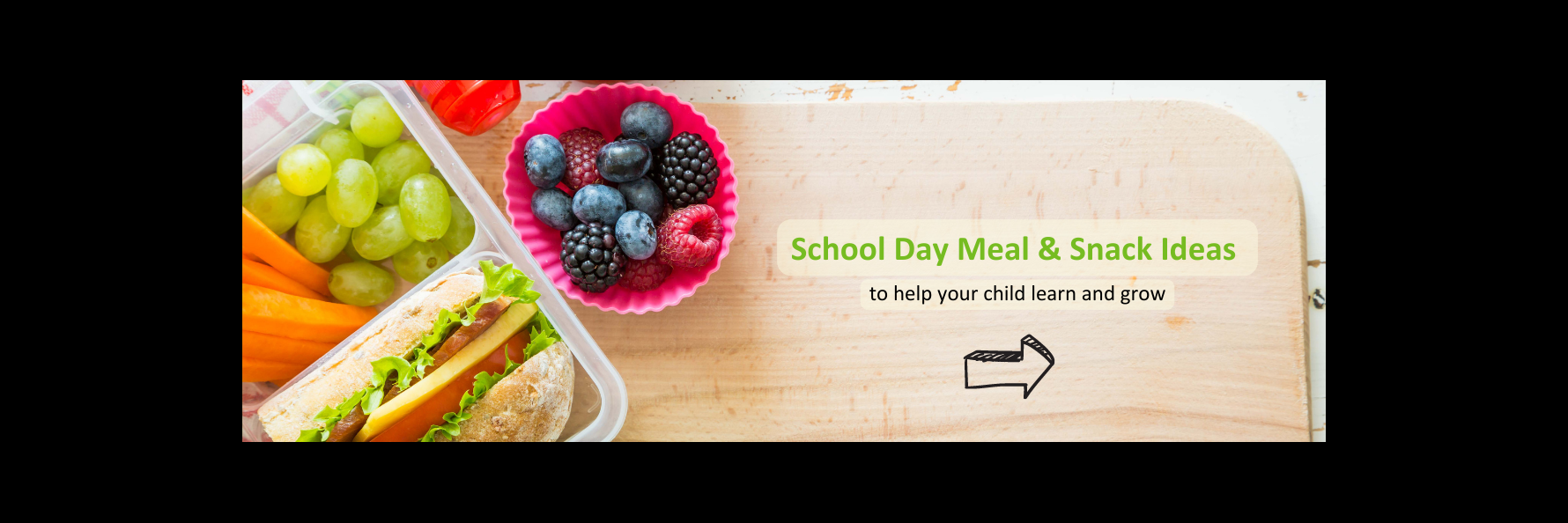Image of lunch and snacks in containers. Text: School Day Meal and Snack Ideas to help your child learn and grow.