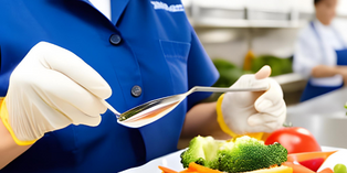 Close-up image of gloved hands taking liquid sample off spoon; plate of vegetables.