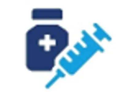 syringe beside bottle with healthcare symbol