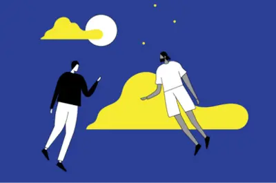 Blue background with simple illustration of two people, the clouds, and moon