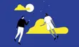 Blue background with simple illustration of two people, the clouds, and moon