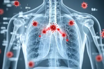 This image shows parts inside the body and several virus molecules outside the body,  illustrating a respiatory virus