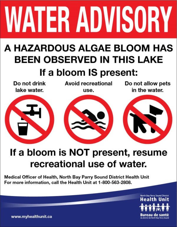 Sign that reads; Water Advisory. A hazardous algae bloom has been observed in this lake. If a bloom is present: Do not drink lake water. Avoid recreational use. Do not allow pets in the water [supporting icons]. If a bloom is NOT present, resume recreational use of water. Medical Officer of Health, North Bay Parry Sound District Health Unit. For more information, call the Health Unit at 1-800-563-2808.