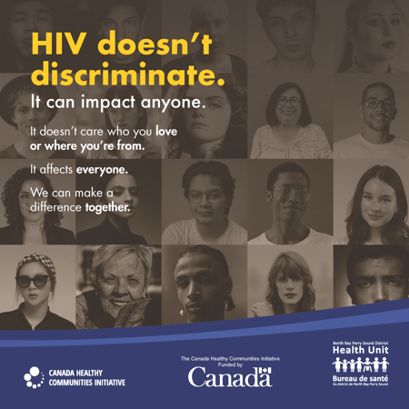 Campaign Image with diverse faces. Text: HIV doesn't discriminate. It can impact anyone. It doesn't care who you love or where you're from. It affects everyone.