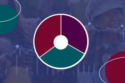 Graphic of a circle split into thirds, with a smaller circle in the centre. In the background, faint images of a smiling group of people, computer-generated data lines. More circles at the forefront