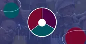 Graphic of a circle split into thirds, with a smaller circle in the centre. In the background, faint images of a smiling group of people, computer-generated data lines. More circles at the forefront